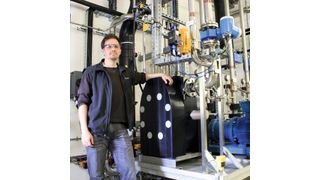 Florian Habeck, Assistant Tank Manager for Roche Diagnostics, relies on Atex-certified Almatec AODD pumps for reliable, efficient, and safe handling of flammable solvents used in pharmaceutical production. The high-capacity Almatec E80 Series pump is affectionately known around the plant as “Big Bertha”. (Picture: Almatec)