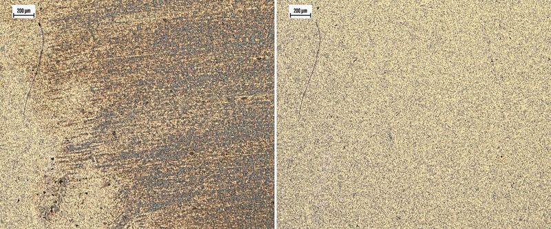 Bild 2:  Mit der Schneestrahlreinigung lassen sich filmische – hier ein Fingerabdruck – und partikuläre Kontaminationen auf Leiterplatten sehr effizient entfernen (li: kontaminierte Oberfläche, re: Oberfläche nach der Reinigung). (Bild: Bond-IQ)