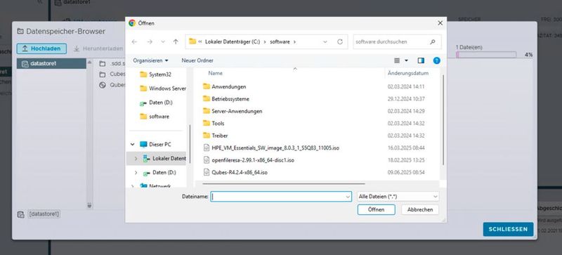 Hochladen von ISO-Dateien in den Datenspeicher von ESXi. (Bild: Joos | VMware)