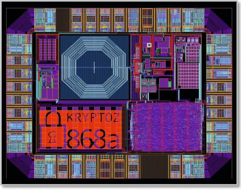 Bild 1: CAD-Layout des Secure-UHF-Ultra-Low-Power-Receivers „KryptoZ“ für 868 MHz mit den Abmessungen 1,1 mm x 0,9 mm.