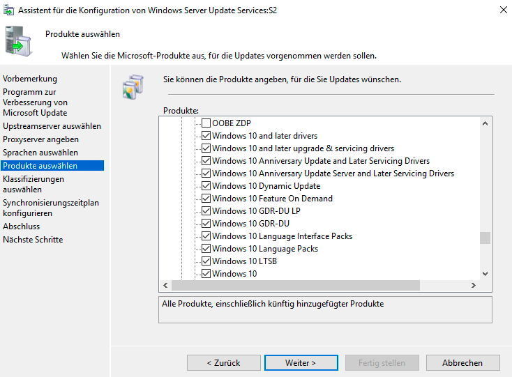 In der WSUS-Verwaltung findet die Konfiguration der Updates statt, das gilt auch für Windows 10. Bereits bei der Einrichtung können Windows 10-Updates ausgewählt werden. Hier stehen übrigens auch Updates und Treiber für Windows Server 2016 zur Auswahl bereit.
 (Thomas Joos)