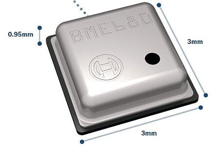 Bild 4: Der integrierte Umgebungssensor BME680 von Bosch Sensortec für mobile und tragbare Geräte ist ein praktisch unsichtbares 3 mm x 3 mm großes Bauteil mit einer Metallabdeckung, das jedoch eine Reihe integrierter Sensoren, Kalibrier- und I/O-Funktionen bietet.