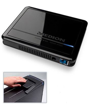 Die externe Festplatte von Medion bietet Platz für ein Terabyte Daten und ist mit dem Medion-Datanhafen kompatibel. (Bild: Aldi)