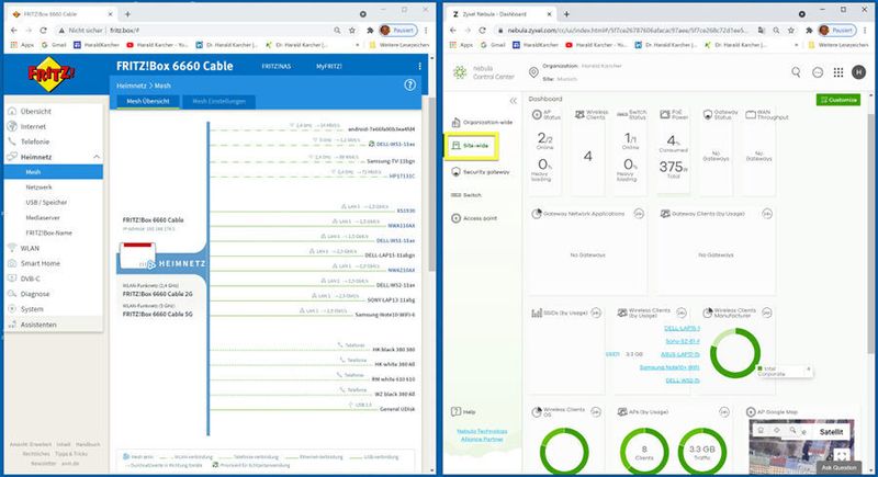 Wir überspringen viele weitere Zyxel-WLAN-Cloud-Features und schauen noch einmal zurück in den Site-wide-Überblick, also in den Standort München: wir hatten hier im Test zwei Access Points online. Zudem waren im Bild rechts oben gerade noch vier Wireless Clients online, es waren aber zeitweise auch Fünfe, wie man im Bild rechts unten sieht. Der Switch gab hier gerade 4 Prozent seiner 375-Watt-Power-over-Ethernet-Kapazität an die verbundenen Netz-Geräte weiter. Da ist also noch viel Reserve für größere Installationen drin. (HARALD KARCHER)