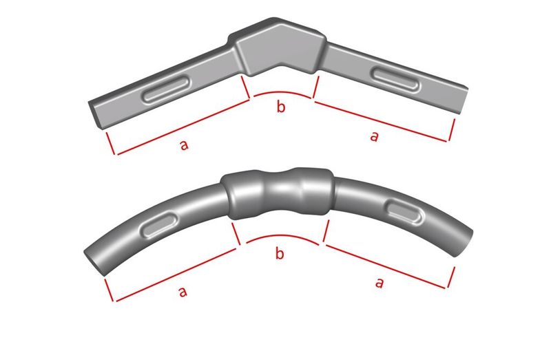 Bild 3: Mögliche Einfach- und Doppelteilgeometrien: a Hülsenbereiche in denen lediglich eine radiale Umformung ohne Nachschieben  möglich ist und b Umformzone, in der Zug- und Druckspannungen  mit Nachschieben möglich ist. (Bild: IFU Stuttgart)