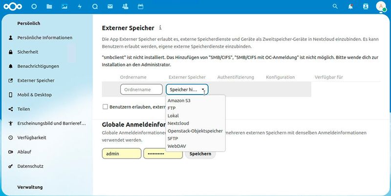 Die Sicherung kann auf denselben externen Speichern erfolgen, auf denen sich auch Daten ablegen lassen.  (Bild: Joos - Nextcloud)