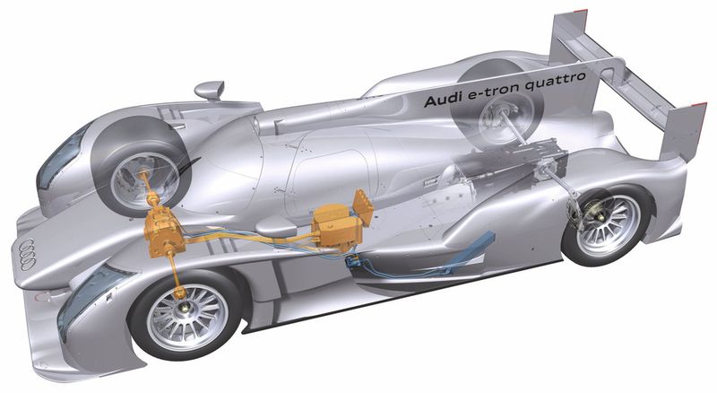 Beim Audi R18 e-tron quattro wird die Vorderachse elektrisch angetrieben, die Hinterachse von einem V6-TDI-Aggregat (Bild: Bild: AUDI)