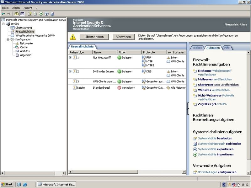 Im Snap-In „Microsoft Internet Security and Acceleration Server 2006“ wird der ISA Server administriert. Nach der Anwendung der Vorlage „Backfirewall“ zeigt sich das gezeigte Ergebnis. (Archiv: Vogel Business Media)