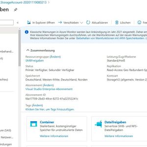 Sobald das Speicherkonto zur Verfügung steht, können darin Dateifreigaben erstellt werden.(Bild:  Microsoft / Joos)