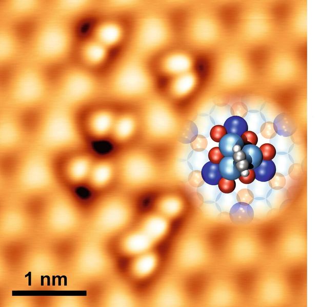 Rastertunnelelektronenmikroskopische Aufnahme (Vergrößerung ca. 25-millionenfache Vergrößerung) einer PdGa Oberfläche mit sechs hantelförmigen Acetylen-Rotor Molekülen in verschieden Rotationzuständen. Die entsprechende atomare Struktur von Stator (blau-rot) und dem Acetylen-Rotor (grau-weiß) ist auf der rechten Seite schematisch dargestellt.  (Bild: Empa)