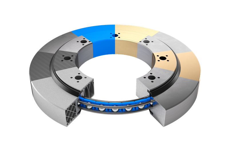 Possible materials for the housings of wire race bearings (from left clockwise): 3D-printed structure, carbon, steel, plastic, brass, aluminum, bronze, stainless steel(Source:  Franke)