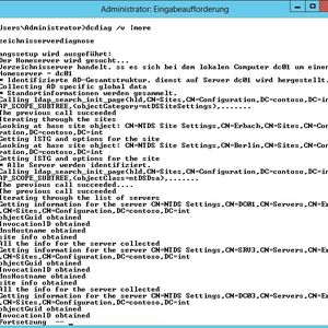 Abbildung 1: Das erste und wichtigste Tool für die Analyse von Domänencontroller ist und bleibt „dcdiag“. Mit der Option „dcdiag /v“ zeigt das Tool umfassendere Informationen an. Die Ausgabe sollte keine Fehler enthalten und wenn doch, sollten diese behoben werden.