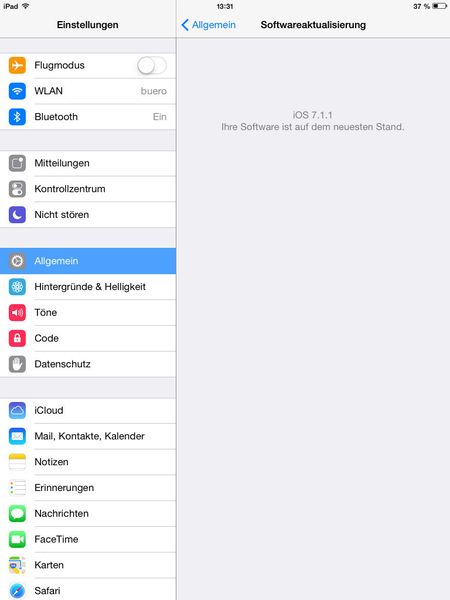 Mit Einstellungen\Allgemein\Softwareaktualisierung überprüfen Anwender, ob die neuste iOS-Version installiert ist. Wenn nicht, lässt sich das iPad an dieser Stelle aktualisieren. Erst ab Version 7.1.1 ist iOS vor gravierenden Sicherheitslücken sicher. (Bild: Joos)