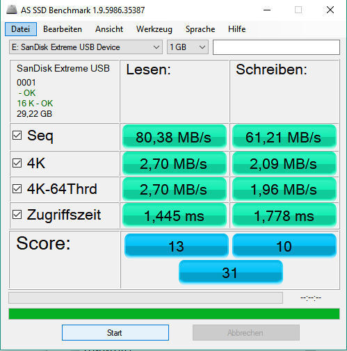 ...und per AS SSD Benchmark untersucht. Dabei erreichte Werte bestätigten sich bei anschließenden Transfers „echter“ Dateien. Die von SEH in Aussicht gestellten Durchsätze von 100 MByte/s erreichten wir aber nie ganz. (Screenshot: AS SSD Benchmark)