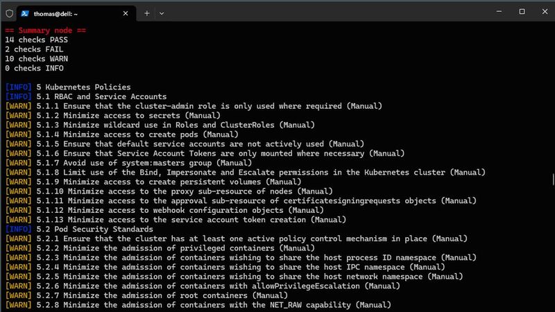 Ergebnisübersicht eines kube-bench Node Scans mit PASS, FAIL und WARN Einträgen zur Bewertung der CIS Konfigurationshärtung. (Bild: Joos)