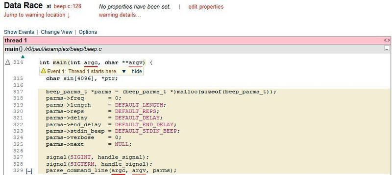 Die Warnung zur der Race Condition in beep.c erfolgt zunächst auf Ebene des Hauptprogramms. (GrammaTech)