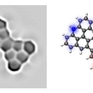 Links: Hochauflösende Rastertunnelmikroskopie-Aufnahme von Clar's Goblet.  Rechts: Struktur-Modell von Clar's Goblet (Kohlenstoffatome: grau, Wasserstoffatome: weiss) mit überlagerter Spindichteverteilung im antiferromagnetischen Grundzustand (blau: Spin aufwärts, rot: Spin abwärts)
