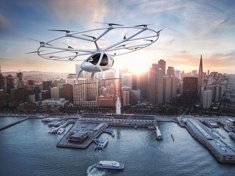 Die Hersteller betonen gerne die Sicherheit des Volocopters – durch neun einzelne Lithium-Ionen-Batterien soll Ausfallsicherheit garantiert sein, und für den Fall der Fälle finden sich auch Fallschirme an Bord. (Volocopter)