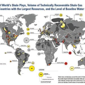 Water stress at shale plays around the world. Around 20 labeled countries have the world’s largest technically recoverable shale gas resources. Circle color indicates average water stress level across a country’s shale plays –circle size indicates overall volume of recoverable shale resources.