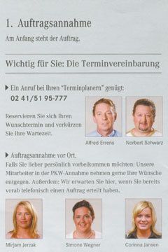 Ein Flyer stellt die Servicemitarbeiter mitsamt des Arbeitsgebiets in der Niederlassung vor. (Archiv: Vogel Business Media)