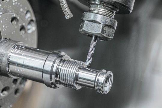 The hydraulic housing made of steel, clamped in the CNC machine. The "Exburrdrills" used with TiAlN coating (diameter 5 mm, approx. 0.2 inches, z=3) drills the four holes into the component within seconds, without the need for subsequent deburring. Thus, the workpiece comes directly from the machine, finished and already burr-free.(Image: Kempf)