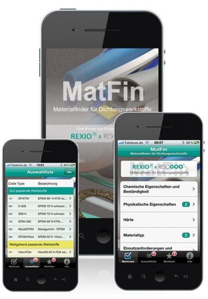 Eine Auswahl an Dichtungswerkstoffen bietet die Matfin App von Rexio. (Bild: Rexio)