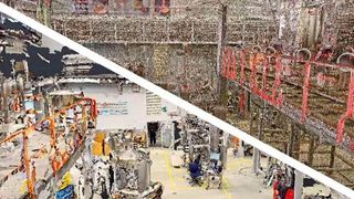 Hier ein Vergleich zwischen Infrarotscan- (links unten) und Laserscan-Aufnahme des hauseigenen Technikums (rechts oben). (Azo)