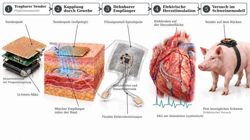 Die Illustration soll den Vorgang deutlich machen: Energie gelangt vom tragbaren Sender durch die Haut zum weichen Implantat, das Elektroden auf dem Herzen versorgt. Im Versuch trug ein frei bewegliches Schwein den Sender.(Bild:  KI-generierte Illustration, nicht maßstabsgetreu; Motiv nach Angaben in Nam et al. [1])