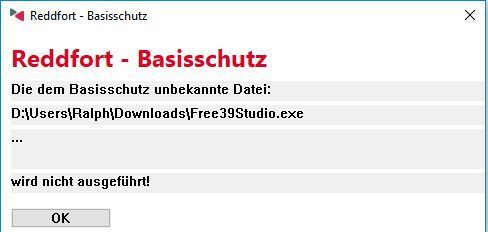 Bildschirmmeldung über den blockierten Start des Tools Free39Studio, da kein Eintrag in der SQL-Datenbasis für dieses neu heruntergeladene Tool existiert. (Dombach)