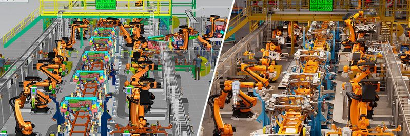 Siemens Process Simulate (links) ist mit Nvidia Omniverse (rechts) verbunden, um einen fotorealistischen, digitalen Zwilling mit voller Designtreue in Echtzeit zu ermöglichen. Siemens Process Simulate (links) ist mit Nvidia Omniverse (rechts) verbunden, um einen fotorealistischen, digitalen Zwilling mit voller Designtreue in Echtzeit zu ermöglichen.