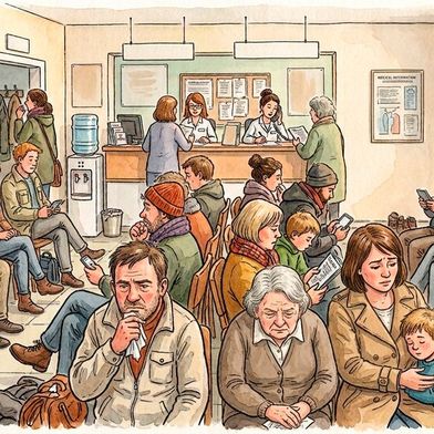 Wartezimmer statt Telefon-AU: Das bedeutet nicht nur mehr Bürokratie, sondern auch erhöhte Ansteckungsgefahr. (Bild: Gemini / KI-generiert)
