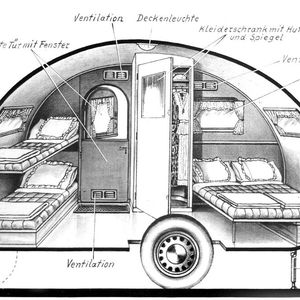 Durchdachtes Konzept von Anbeginn. Und, wichtig, auch bei einem Wohnwagen (der Frühzeit): ein Hutfach!(Bild:  Fritz Berger GmbH)