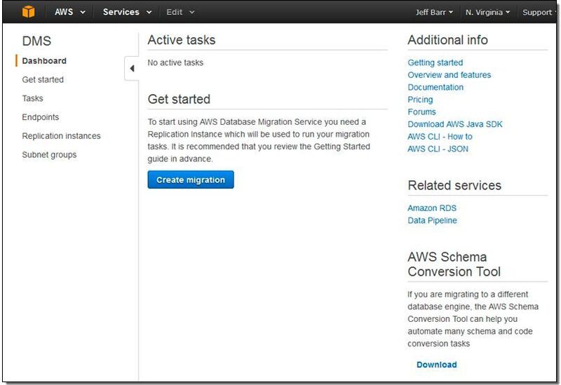 Mit diesem Startbildschirm beginnt der Nutzer den AWS Data Migration Service. (Bild: AWS)