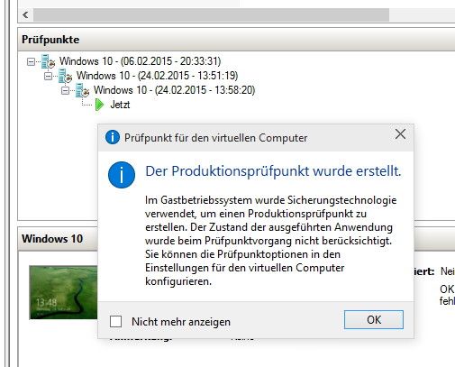Abbildung 9: Bei der Erstellung eines Prüfpunktes erhalten Sie die Information, dass die Produktions-Prüfpunkte verwendet werden, wenn die Gast-VM das unterstützt und entsprechend konfiguriert ist. (Bild: Joos)