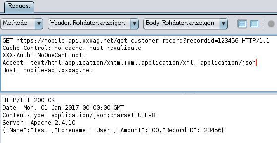 Bitinspect-Ergebnis: Das Bild zeigt eine durch „Man-in-the-Middle“ abgefangene Interaktion zwischen der App und dem Backend-Server. In der Anfrage (obere Bildhälfte) sieht man die Zeile 
