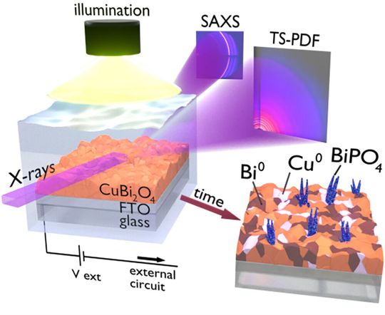 A custom-built photoelectrochemical cell allows to investigate the structure of an active PEC material with a high-energy X-ray beam. After interacting with the material's surface, the X-rays produce characteristic scattering patterns that are recorded up by two different detectors to provide snapshots of the material's surface structure every few seconds. By studying a PEC material immersed in water under realistic operating conditions, i.e. with external voltage and illumination applied, the researchers were able to reveal the complex degradation processes that affect the device's performance. A custom-built photoelectrochemical cell allows to investigate the structure of an active PEC material with a high-energy X-ray beam. After interacting with the material's surface, the X-rays produce characteristic scattering patterns that are recorded up by two different detectors to provide snapshots of the material's surface structure every few seconds. By studying a PEC material immersed in water under realistic operating conditions, i.e. with external voltage and illumination applied, the researchers were able to reveal the complex degradation processes that affect the device's performance.