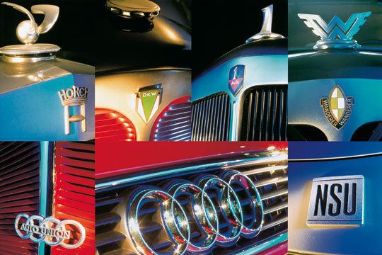 Die Wurzeln des Ingolstädter Automobilbaus (von oben links nach unten rechts): Markenembleme von Horch, DKW, Audi (alt), Wanderer, Auto Union, Audi (neu) und NSU. (Archiv: Vogel Business Media)