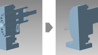 Die Software entfernt das gesamte Innenleben eines 3D-Modells, so dass nur dessen Außenhülle übrig bleibt. Diese Hüllgeometrie ist ideal für Störkonturen, Kollisionsanalysen, Digital Mock-Up (DMU) und Simulationen. (vorher-nachher) (Camtex)