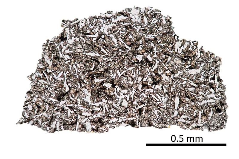 Dünnschliff der Meteoriten-​Probe LAP 02436, Lunar Mare Basalt mit Glas, das die solaren Edelgase enthält. Bildtyp: optische Mikroskopie, planpolarisiertes Licht.  (Bild: ETH Zurich / Patrizia Will)