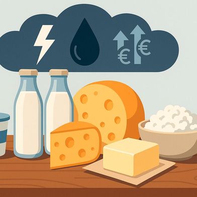 Geopolitische Krisen im Iran und der Ukraine treiben die Energiekosten für Molkereien in die Höhe und werden sich in steigenden Produktpreisen niederschlagen.  (Bild: GPT Image Editor / KI-generiert)