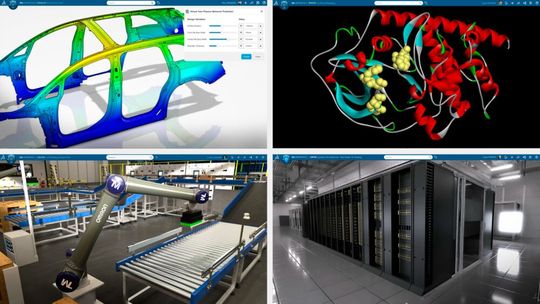 Eine gemeinsame industrielle KI-Architektur von Dassault Systèmes und Nvidia kombiniert virtuelle Zwillinge und KI-Infrastruktur, die in großem Maßstab eingesetzt werden kann.(Bild:  Dassault Systèmes (alle), Lucid Motors (oben links), Omron (unten links) and Nvidia (unten rechts).)