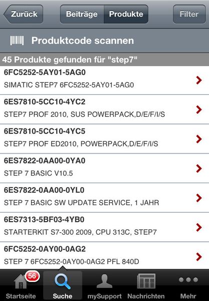 Die passenden Produkte werden in einer Liste angezeigt. (Siemens)