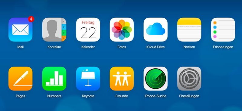 Über die Webseite icloud.com können Anwender ihre Daten in iCloud im Web nutzen, überprüfen oder Einstellungen ändern. Hier stehen die gespeicherten Daten genauso zur Verfügung, wie die Möglichkeit ein verlorenes iPhone zu suchen. (Bild: Thomas Joos / Apple)