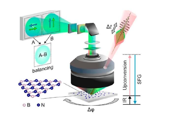 Schematic of the newly developed SFG microscope used to image the layers of boron nitride. (Source: FHI)