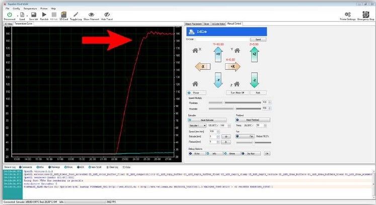 Der 3D-Drucker Velleman K8200 im Aufbau: Erreicht die Temperatur 190°, dann sieht die Kurve so aus. Vorsicht, der Extruder ist nun sehr heiß (Bild: Velleman nv)