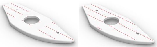 Bild 6: Ausgabe des Werkzeugwegs für die 3-Achsen-Bearbeitung. In der linken Abbildung führt die anfängliche Auswahl der Werkzeugeinrichtung zur Erzeugung eines Werkzeugwegs über bestimmte Regionen, die kollisionsfrei sind. Rechts führt die Vergrößerung des Werkzeugeinrichtungsabstands zu einem kollisionsfreien Werkzeugweg über die gesamte Geometrie.(Bild:  ModuleWorks)