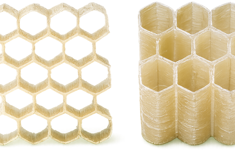 Bionically inspired honeycomb structures with gradually arranged fiber angles made from regenerated cellulose fibers. These lightweight structures could contribute to more sustainable safety components in the future.(Source:  © HSB - AG Biologische Werkstoffe)