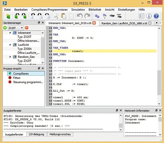 Bild 4: EX_PRESS 5 (V 2.00) für die Applikationsentwicklung für ZX20T/TP/TC auf Basis des Strukturierten Text (ST). Die Oberfläche ist individuell konfigurierbar. (Zander)