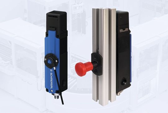 Sicherheitszuhaltung AZM150 mit neuem Zubehör: Bowdenzug zur Fernentriegelung, Schlagtaster zur Fluchtentriegelung oder Notentsperrung.(Bild:  Schmersal)