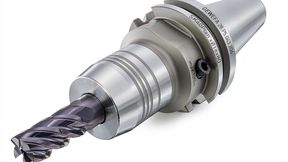 The Gewefa SK40 high-precision hydraulic expansion chuck used in this application has a dual-contact interface with the spindle nose via the taper and flange face. It provides extreme rigidity for smooth, heavy machining with a Wunschmann 175 ER trochoidal milling cutter. (Source: Kraas & Lachmann)